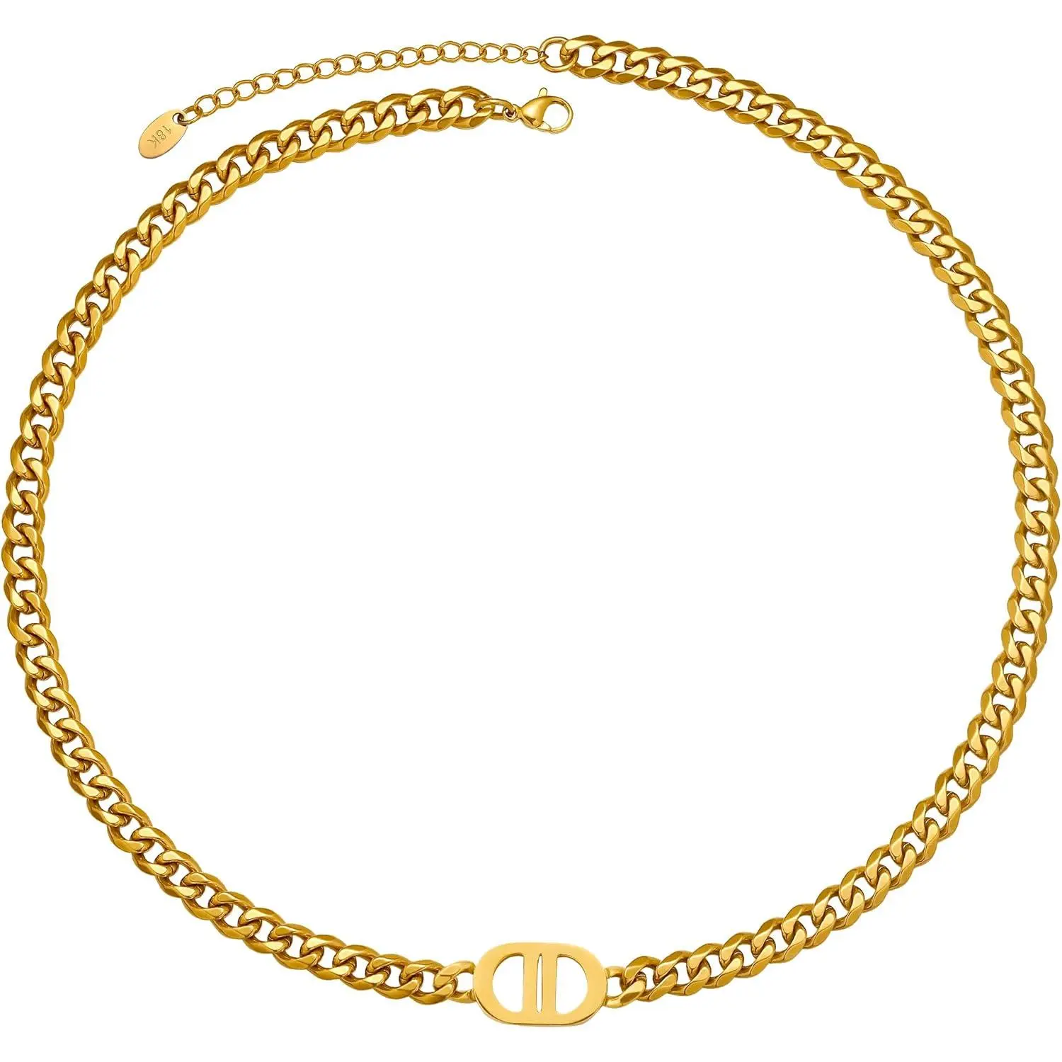 Womens 18K Real Gold Plated Initial Necklace Choker with Double D Letter, 6mm 316L Stainless Steel Diamond-Cut Curb Cuban Link Chain(Custom Box and Pouch Packing for Gift)