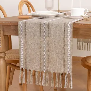 Boho Style Tassel Decor Table Runner, Solid Color Hollow Out Tablecloth, Decorative Tablecloth for Home Kitchen Dining Room