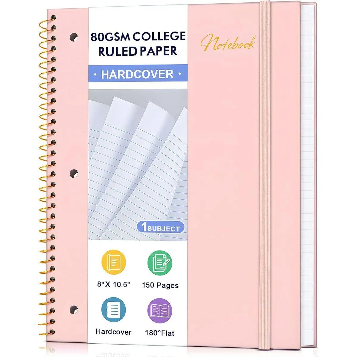 Spiral Notebook College Ruled Paper 8" x 10-1/2", 1 Subject Spiral Notebook 80GSM Paper, 3-Hole Punched Perforated Pages Ideal for School, Office, Writing, 75 Sheets Lined Journaling Notebook, Pink