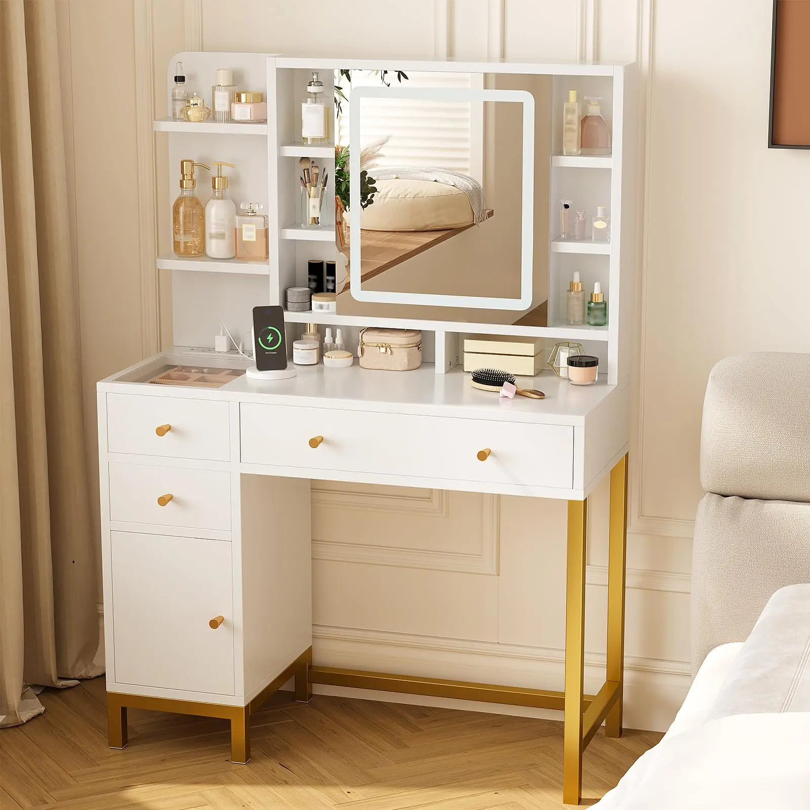 Garvee White Vanity Desk with LED Lighted Mirror, Adjustable Brightness and 3 Lighting Modes, Glass Top Makeup Table with Power Outlet, Elegant White and Gold Dressing Table for Bedroom and Beauty Organization