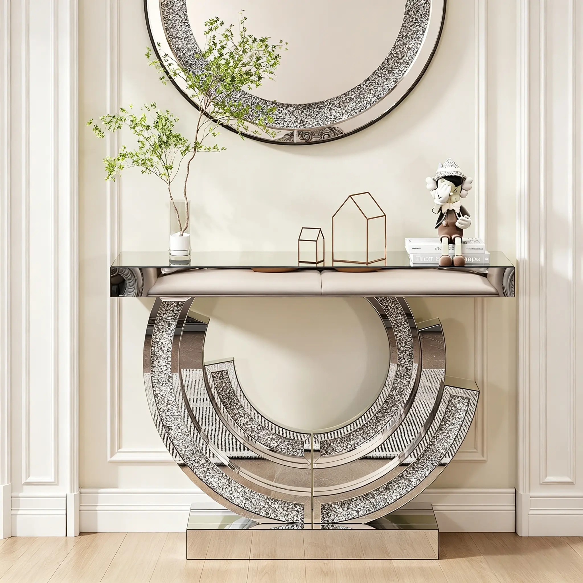 Crushed Diamond Mirrored Console Table, New Design with Diamond Inlay, Long Accent Glass Sofa Table for Entryway and Home Decor