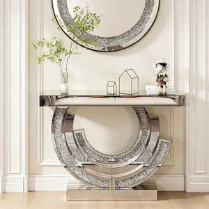 Crushed Diamond Mirrored Console Table, New Design with Diamond Inlay, Long Accent Glass Sofa Table for Entryway and Home Decor