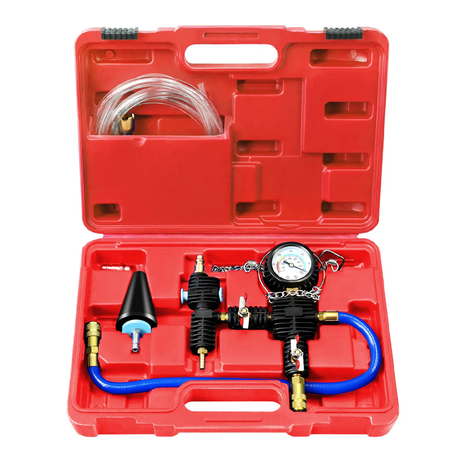 JIFETOR Cooling System Vacuum Purge Radiator Coolant Refill Tool Kit, Universal Automotive Water Tank Pneumatic Vacuum Antifreeze Change Filler Set, with Adapter Case Hose for Car Van SUV Truck