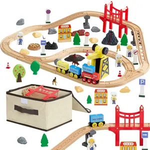 70PCS Wooden Train Set with Magnetic Crane, Track Pieces, Wooden Parts, Railway Construction Toy for Kids Ages 3-8, Major Brand Compatible, Christmas Toddler Gift