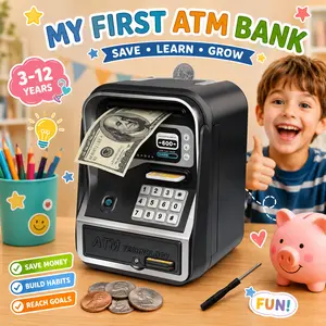 Electronic ATM Piggy Bank for Kids with Password Fingerprint Unlock, Automatic Money Saving Cash Coin Bank for Real Money, Upgraded ATM Deposit Machine Designed for All US Coins, Birthday Christmas Gifts for 3-12 Year Old Boys Girls