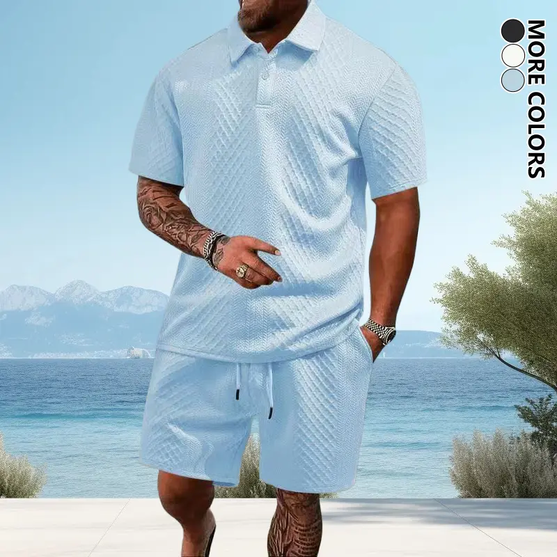 Men's 2-Piece Summer Beach Clothing Set - Casual Jacquard Short-Sleeve Polo Shirt & Elastic-Waist Shorts, Polyester, Breathable, Stylish, Plain, Comfortable Fit, Ideal Vacation Outfits, 2-Piece Men's Clothing Sets, Two Piece Sets, Men's 2 Piece Sets