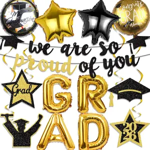 2026 Graduation Party Decorations Set - Black Gold Glitter Congrats Grad Banner, Gold GRAD Foil Balloons, Grad Cap Star Balloons for 2026 High School College Graduation