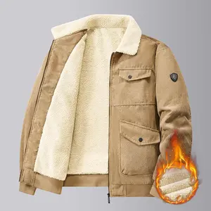 Men's fleece-lined corduroy jacket with fur collar, classic fit, stylish and versatile, ribbed cuffs, multiple pockets, warm winter coat