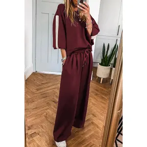 Burgundy Varsity Striped 3/4 Sleeve Pullover Drawstring Sweatpants Set