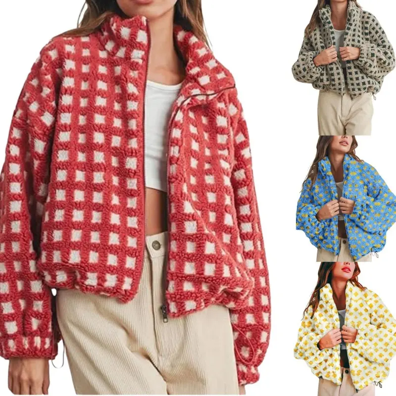 Women's Oversized Plaid Teddy Jacket, Cropped Puffy Faux Fur Sherpa Coat with a Loose Fit and Zip-Up Closure, Checkered, Bottom, Casual, Short, Elastic, Collared, Long Sleeve
