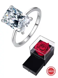 S925 Sterling Silver Fashion Rectangle Shape Zircon Ring, Eternal Promise Engagement Wedding Ring, Ladies Fine Jewelry Anniversary Dating Gift with Rose Gift Box