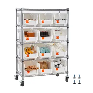 5-Tier Rolling Bin Storage Rack with 12 Organizer Bins, Steel Wire Shelving System on Wheels, Mobile Tool Organizer for Garage, Workshop, Warehouse, Office, Restaurant, Classroom, Kitchen, Home Organization and Storage