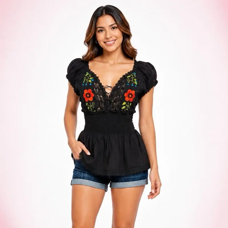 Blusa Mary bordado - Hand Embroidery blouse made in Mexico color style uniqueness artesanalmente blusa bordada blusa mexicana bordada a mano blusa mexicana hecha en Oaxaca - elástico en cintura