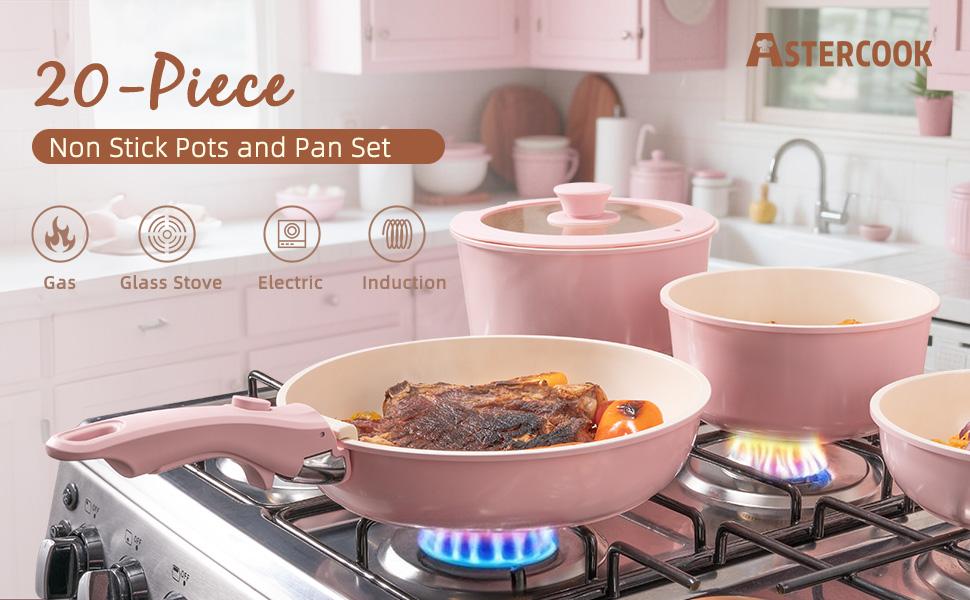 【Valentines Day Sale】Astercook 20 PCS Nonstick Cookware Set - Removable Handle Pots & Pans, Ceramic Coated Kitchenware for Easy Cooking