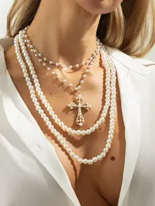 Punk Pearl Multi-Layer Collarbone Necklace Set, Unique Cross Beaded Luxury Pendant, Elegant Plain Design, Alloy Chain, All Seasons