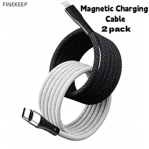FINEKEEP 2 pack Magnetic Coiling Cable 60W USB-C to Lightning Fast Charging Cable car charging cable Magnetic Self-Coiling Braided Cord, Tangle-Free, Compatible with Lightning Devices, iPhone 14/13/12/11/XS, iPad New Arrival