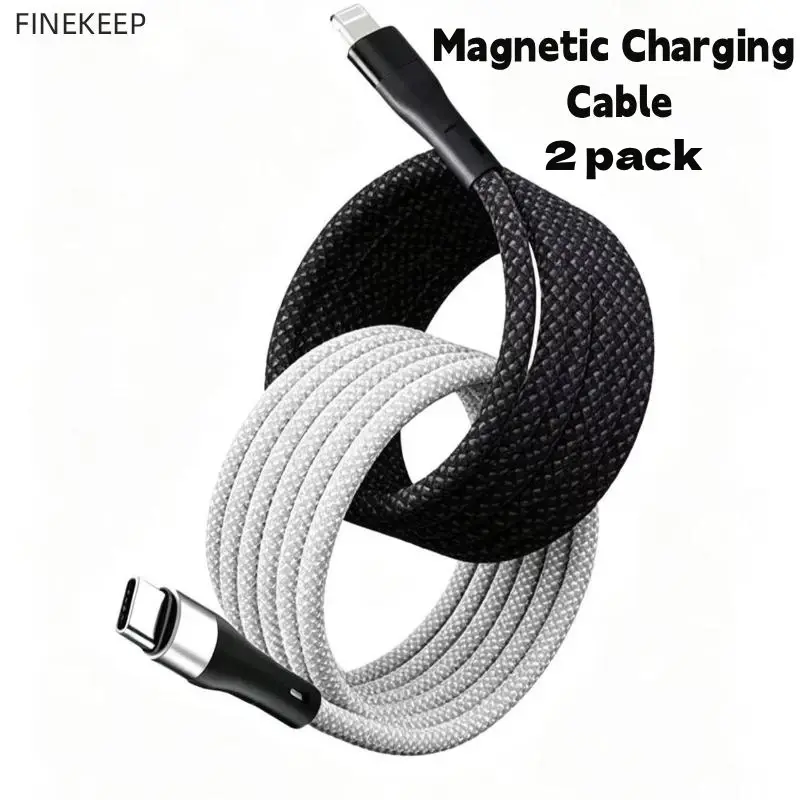 FINEKEEP 2 pack Magnetic Coiling Cable 60W USB-C to Lightning Fast Charging Cable car charging cable Magnetic Self-Coiling Braided Cord, Tangle-Free, Compatible with Lightning Devices, iPhone 14/13/12/11/XS, iPad New Arrival