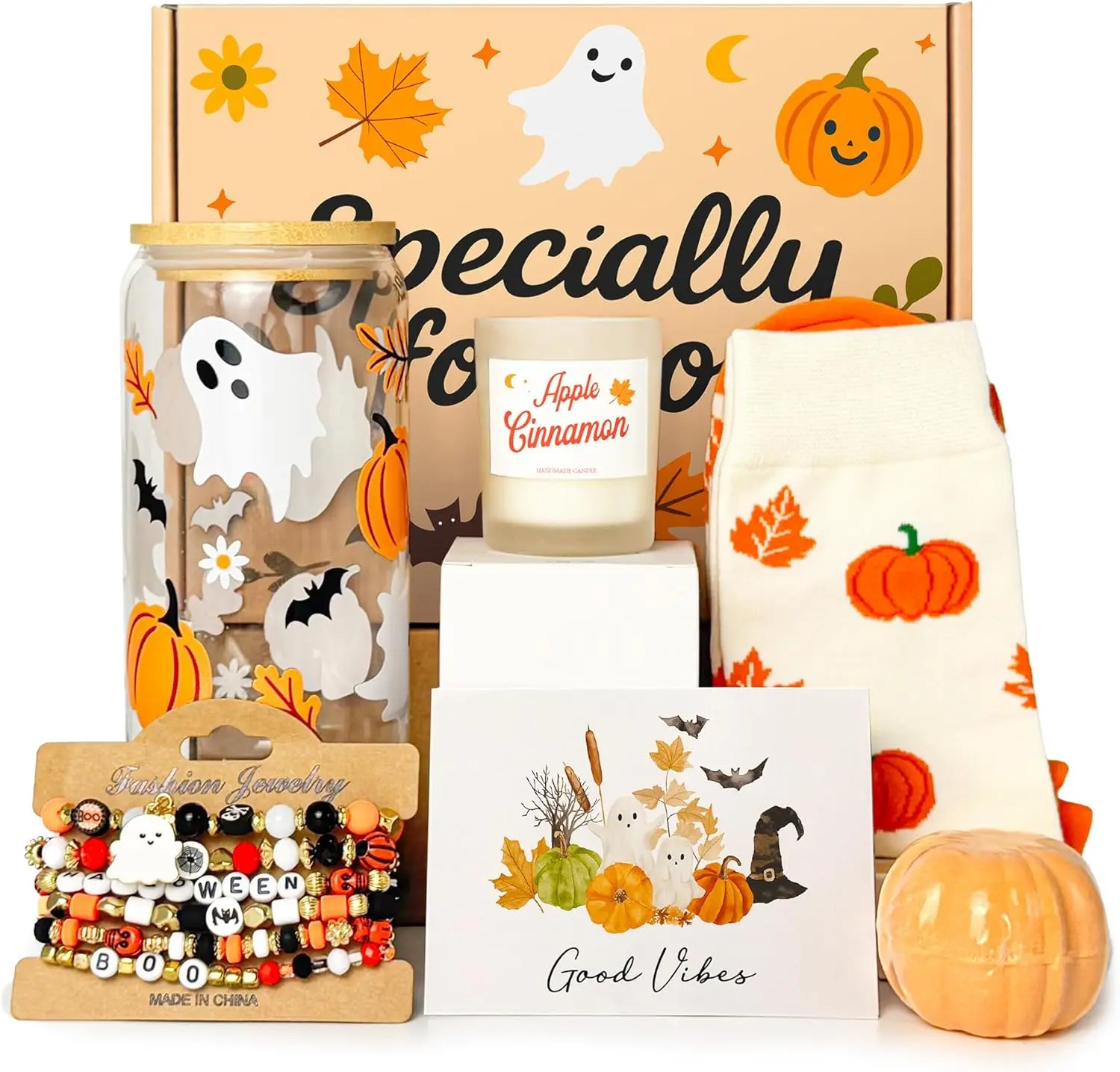 Halloweem Fall Gift for Women, Boo Basket Stuffers for Teens Girls Adults | Fall Gifts Spa Gift Set for Sister Friend with Cute Pumpkin Spooky 16oz Glass Cup