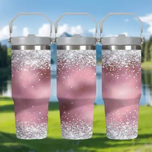 1pc Pink Silver Glitter Gradient Insulated Double Wall Tumbler 30oz Stainless Steel Vacuum Flask with Handle，Reusable Travel Mug, Drinkware, Cold & Hot Drinks, layer insulation, leak-proof, durable, outdoor sports water bottle