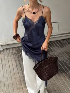 Women's Summer Fashion Simple Minimalist Lace Patchwork Mini Dress, Satin Texture V Neck Sleeveless Asymmetric Strap, Sexy Party Vintage Casual Wear Elegant Vacation Style