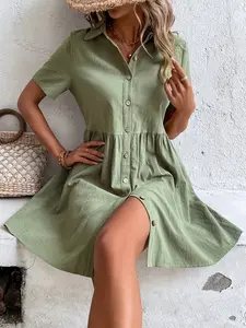 Boho Vacation Lapel Single Button Short Solid Dress, Stylish Summer, Perfect for Beach Trips & Casual Wear, Trendy Women's Clothing