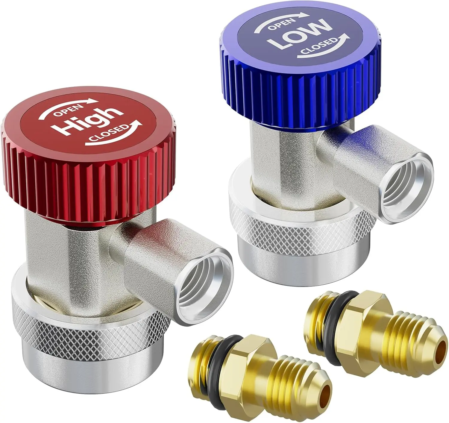 HTOMT Adjustable R134a Quick Couplers Kit, Aluminum Bronze 1/4-in Adapters with High-Low ID for Automotive AC Servicing Manifold Gauge, Functional Tool, Includes Adapters