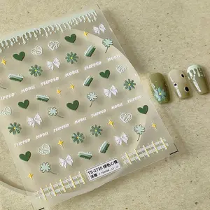Green Daisy Nail Art Stickers with Heart & Bow (432)