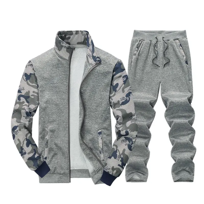 Men's Stylish Blue and Camouflage -Block 2-Piece Stand Collar Tracksuit: Fleece-Lined Warm Casual Daily Zip-up Jacket Jogger Pants Set, Summer Ready, Modern Design and Fresh Look, WardrobeEssential, Breathable
