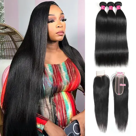ONEMORE 2x6 Lace Closure With Brazilian Straight/Body Wave Human Hair Weave Extensions, Volumizing Extensions Hair & Pieces