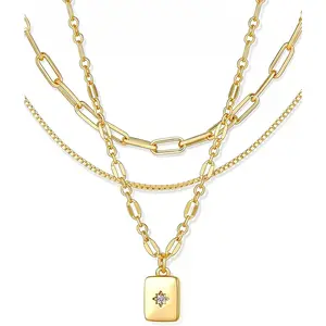 Layered Gold Necklaces for Women Trendy, 3 Pcs 14K Gold Plated Choker Paperclip Box Chain Necklace, Stackable Women's Gold Pendant Necklaces Jewelry Set