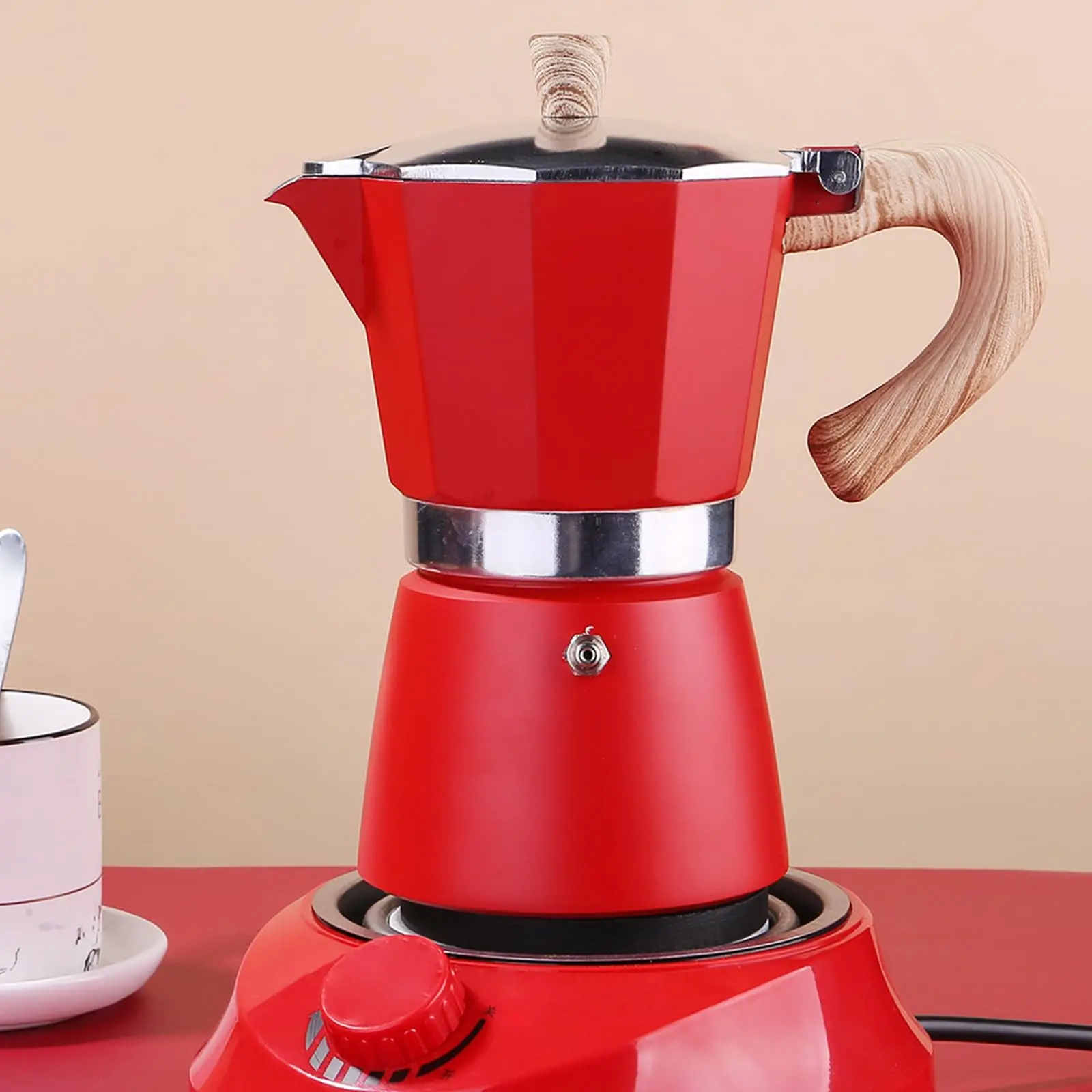 Coffee Pot  Moka Italian Maker 6 Cup/10 Oz Stovetop Espresso For Gas Or Electric Ceramic Camping Manual Cuban Percolator Cappuccino Latte - Red