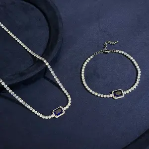 Elegant Silver-Toned Tennis Jewelry Set for Women Blue Sapphire Style Cubic Zirconia Inlaid Necklace and Bracelet Duo Sparkling Statement Jewelry Perfect for Daily Wear Party Wedding & Anniversary Gift Choice