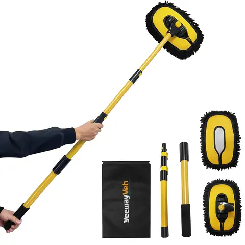 YeewayVeh Long-Handled Adjustable Car Wash Mop Kit - 55in 15° Curved Handle, 11in Wide Coverage Soft Scrubbing Brush, 2 Swapable Brush Heads, 90° Rotating Head, Car Detailing Kit for RVs, Trucks