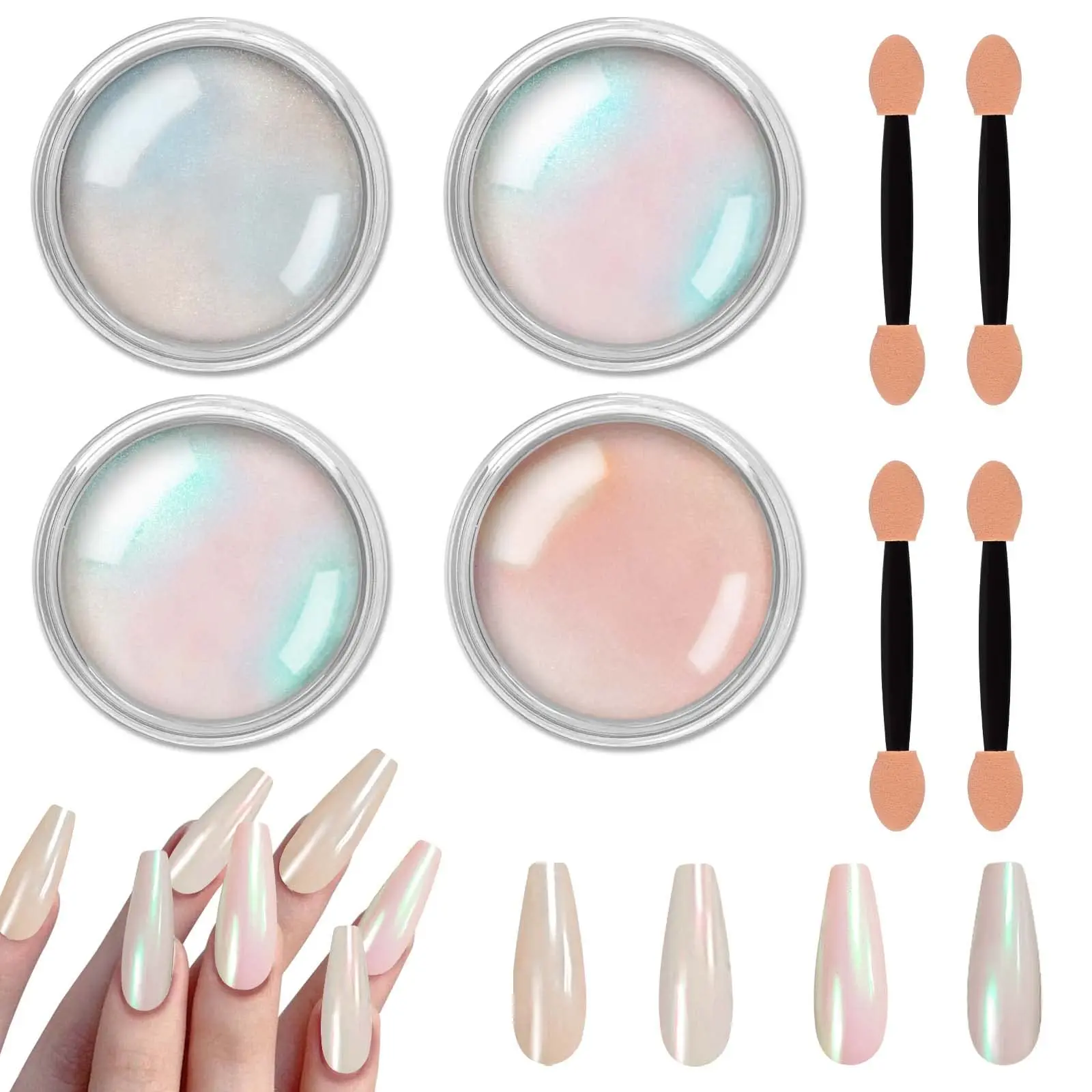 Allstarry White Chrome Nail Powder, 4 PCS Color-Shift Chameleon Mica Powder Pearlescent Pearl Pigment Aurora Chrome Effect Glitter Dust Iridescent for Gel Polish Nail Art Decoration, Resin Craft