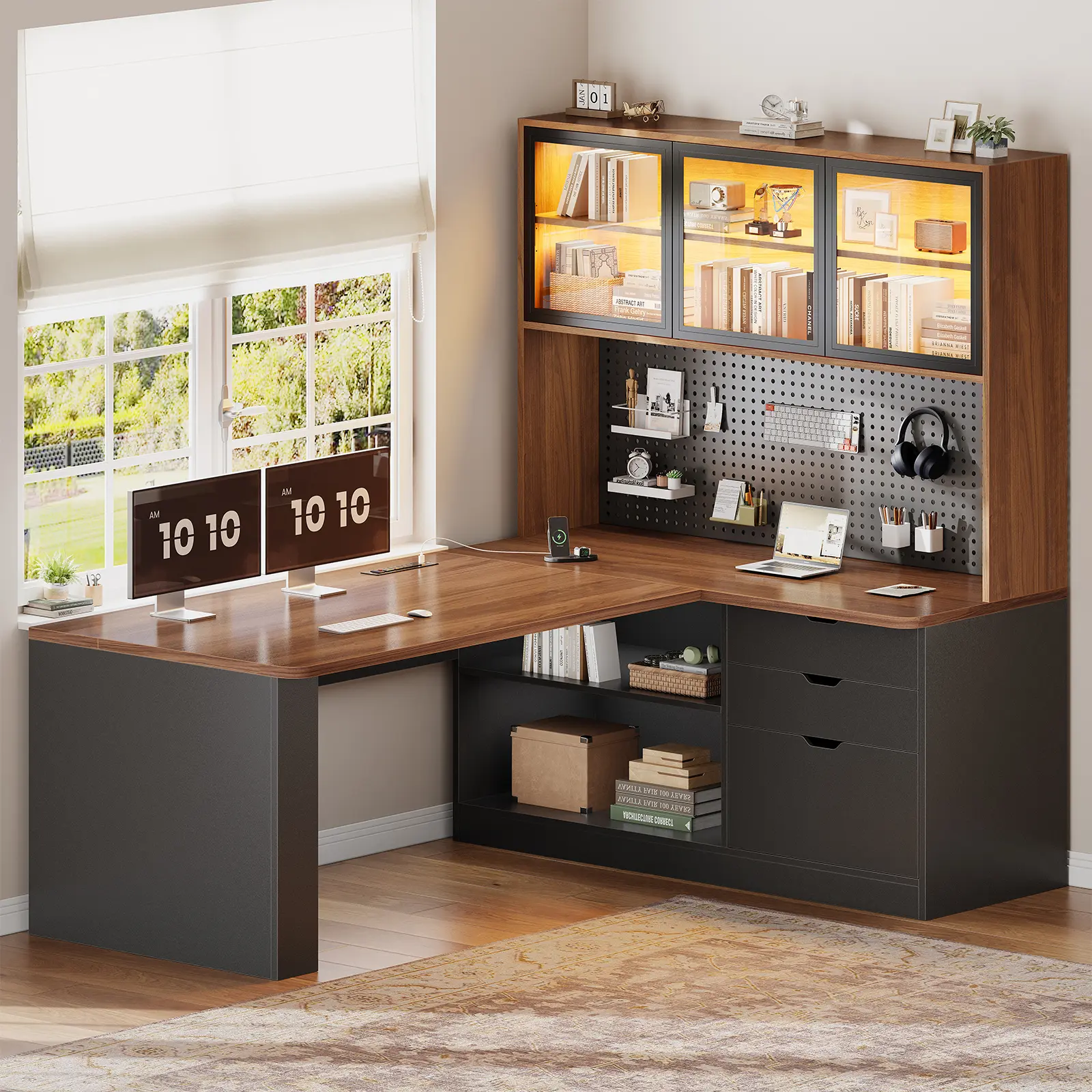 Sedeta Modern L-Shaped Multi Functional Home Office Desk - 27.5in Wide, 3 Wooden Drawers, Large Bookshelf, LED Light Display Cabinet, Pegboard Base, Gaming Desks for Man Cave & Efficient Workspace, Multi Functional Desk