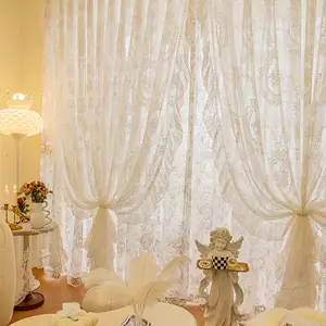 1pc French Rococo Double Sheer Curtain - Printed Inner Sheer (Light-Filtering & Private) + Ruffled Embroidered Outer Sheer, Punching Fit Multi-Rod, Elegant Decor for Living Room/Bedroom/Balcony, Ideal for Luxury French Style