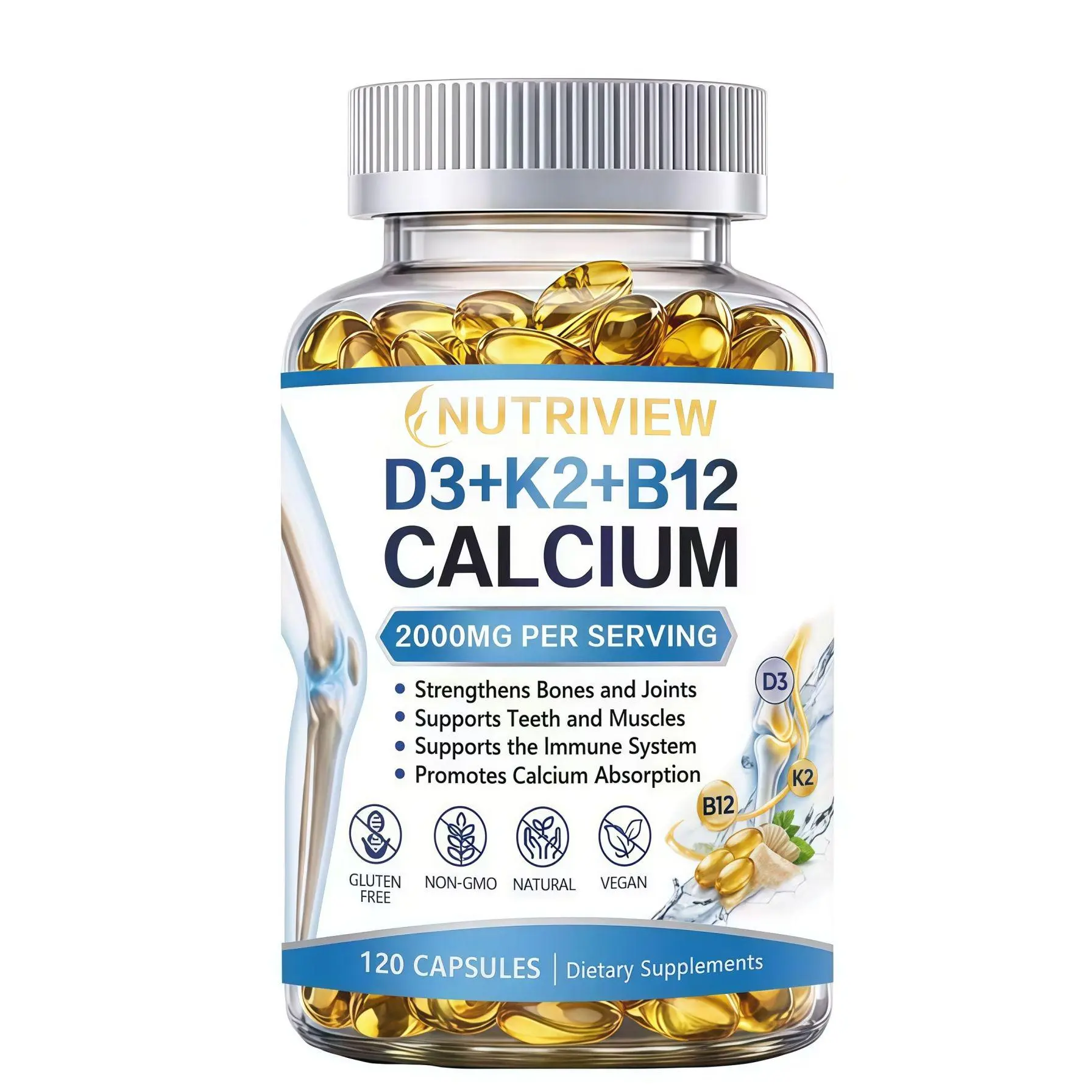 NUTRIVIEW Calcium D3 K2 B12 Softgels - 2000mg Calcium with Glucosamine & Chondroitin, Supports Bone Health, Joint Comfort & Immune System, Vegan & Non-GMO, 120 Capsules