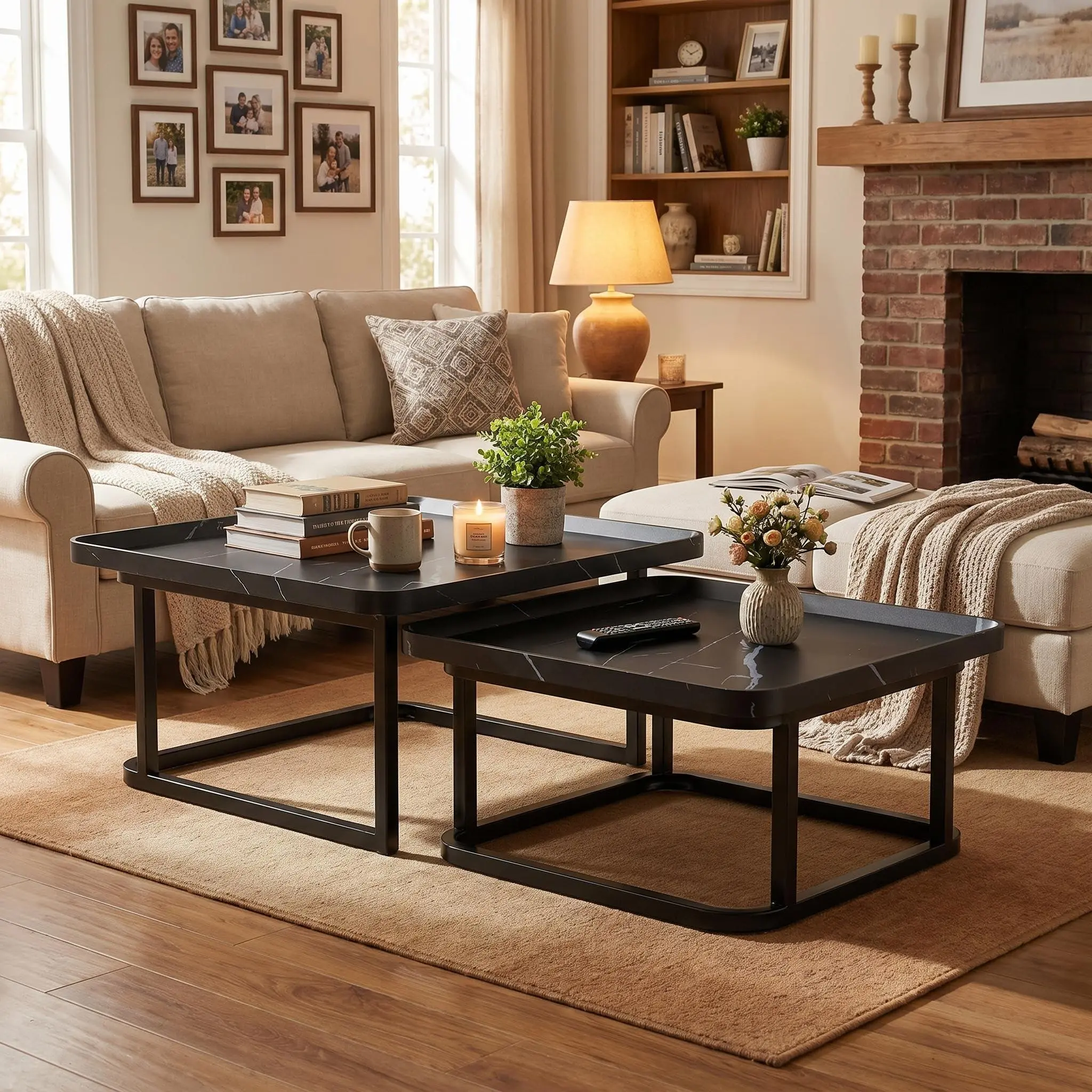 Gaomon 2-Piece Mid-Century Metal Frame Nesting Coffee Table Set - Square Small Space-Saving Stackable End Tables for Living Room, Bedroom