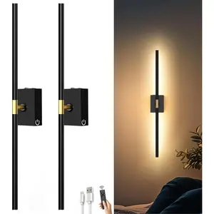 Battery Operated Wall Sconces Set of 2: 10000mAh Rechargeable Wall Lights with Remote Control, 360 °   Rotate Wireless Wall Scone Decor for TV/Mirror Bedroom Living Room, 31.5 Inch, Black