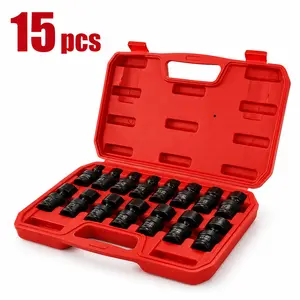 15PCS 3/8" Drive Shallow Universal Impact Socket Set, 6 Point, Metric, 8-22mm, 15-Piece Swivel Socket Set, Metric Flexible Wobble Sockets, CR-MO Steel