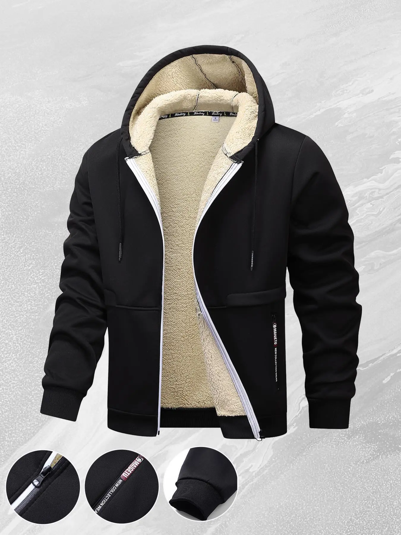 Men's Fitted Hooded Jacket in Soft Woven Fleece, a Casual Plain Thermal Windproof Top with Ribbed Hem for Urban Commuters