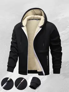 Classic Men's Hooded Warm Jacket with Fleece Lining, Skin-Friendly Thermal Insulation, Adjustable Hat, Ribbed Hem, Urban Commuter Trendy Windproof Coat