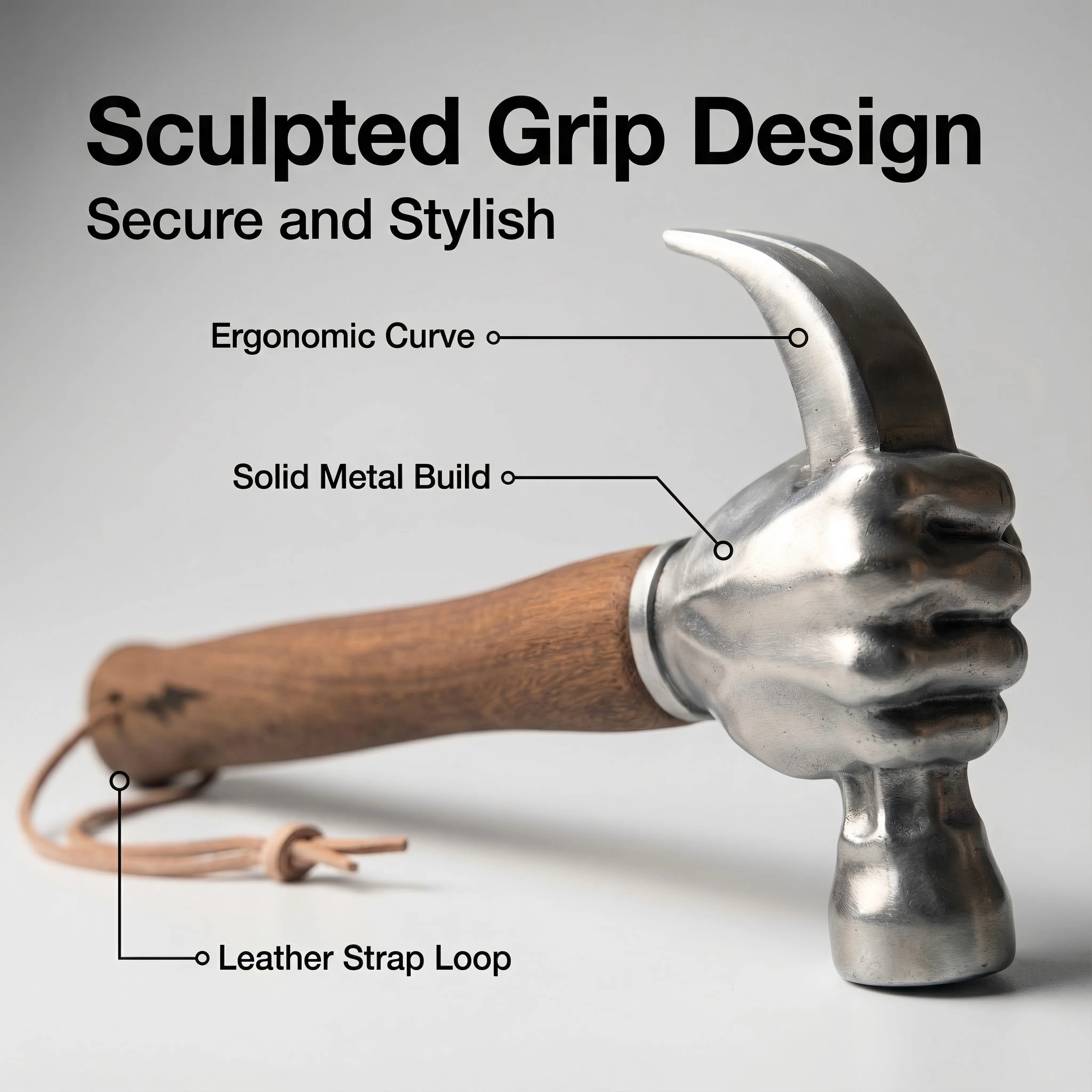 Heavy Duty Fist Shape Horn Hammer Hand Tool - Solid High-Strength Steel Integrated, Handcrafted Wooden Handle, Genuine Leather Wristband, No Assembly Required, Reusable