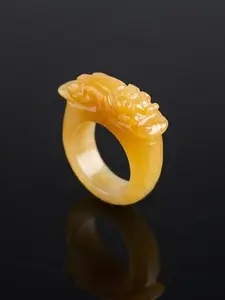 Natural Hand-Carved Honey Jade Pixiu Ring | Men's sizes
