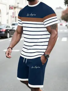 Men's 2-Piece Casual Round Neck T-Shirt & Belted Shorts Set, Polyester Knit Fabric, Short Sleeve, Regular Fit, Striped Colorblock Pattern Outfits, Striped Sets, Clothes