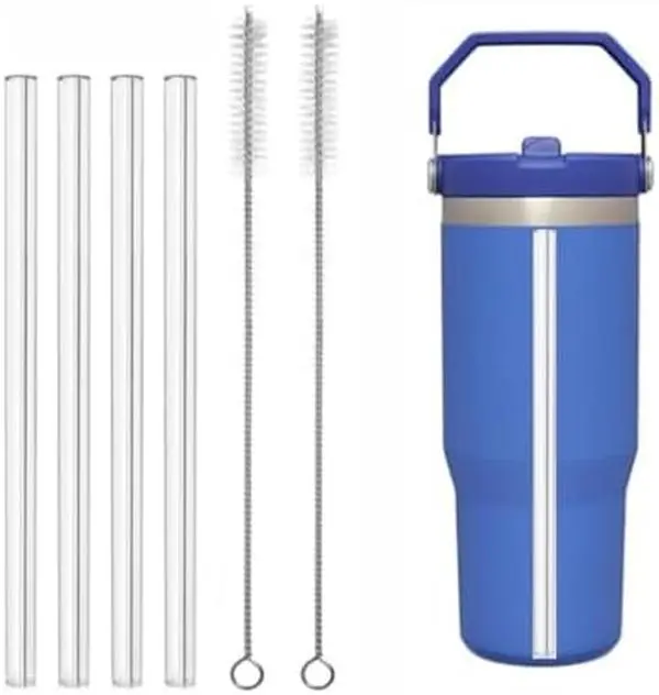 Reusable Silicone Drinking Straw Set with Cuttable Lid & Cleaner Brush - 30oz Flip Tumbler Cup Replacement Parts, Drinkware Accessories