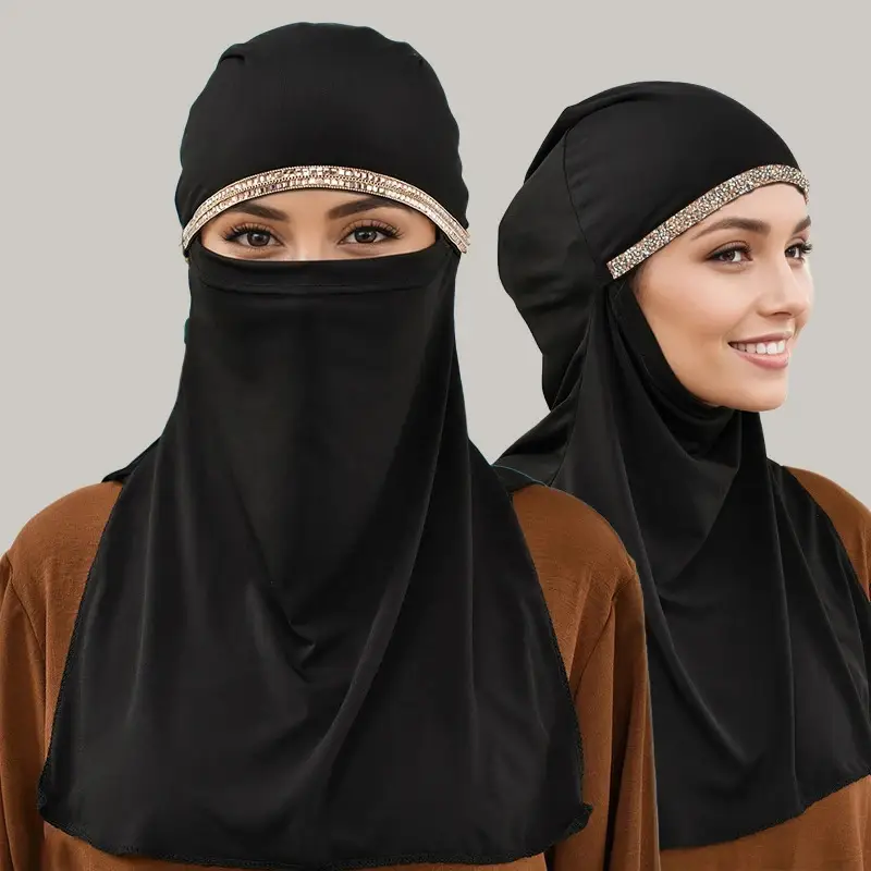 Muslim Niqab Women Shiny Rhinestone Chain Instant Hijab Full Cover Face Islam Ramadan Turban Khimar Soft Cotton Hemp Face Veil