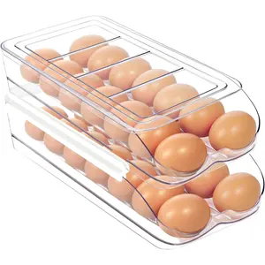 Egg Holder for Fridge, Automatic Rolling Egg Organizer for Refrigerator, Clear Plastic Egg Container & Tray, Stackable Dispenser and Storage Bin with Sturdy Lid to Saving Space -2 Layer