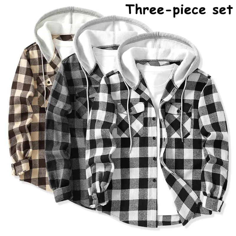 Men’s 3-Pack Plaid Hooded Shirts – Long Sleeve Button-Down Oversized Shackets with Drawstring Hood, Casual Outdoor Streetwear, Great Value Pack, Basic