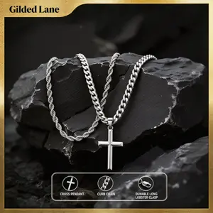 Stainless Steel Cross Necklace for Men - Waterproof Layered  Cross Pendant Necklaces Stainless Steel Cuban Link Twisted chain  Cross Chain Necklace Set Jewelry Gifts 22-24 Inches